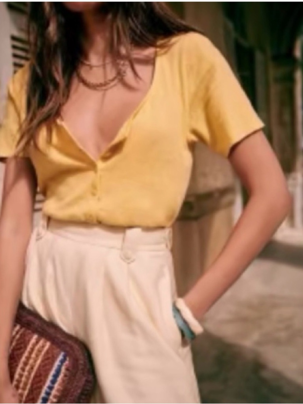 Sezane Yellow Short Sleeve V-Neck Tee